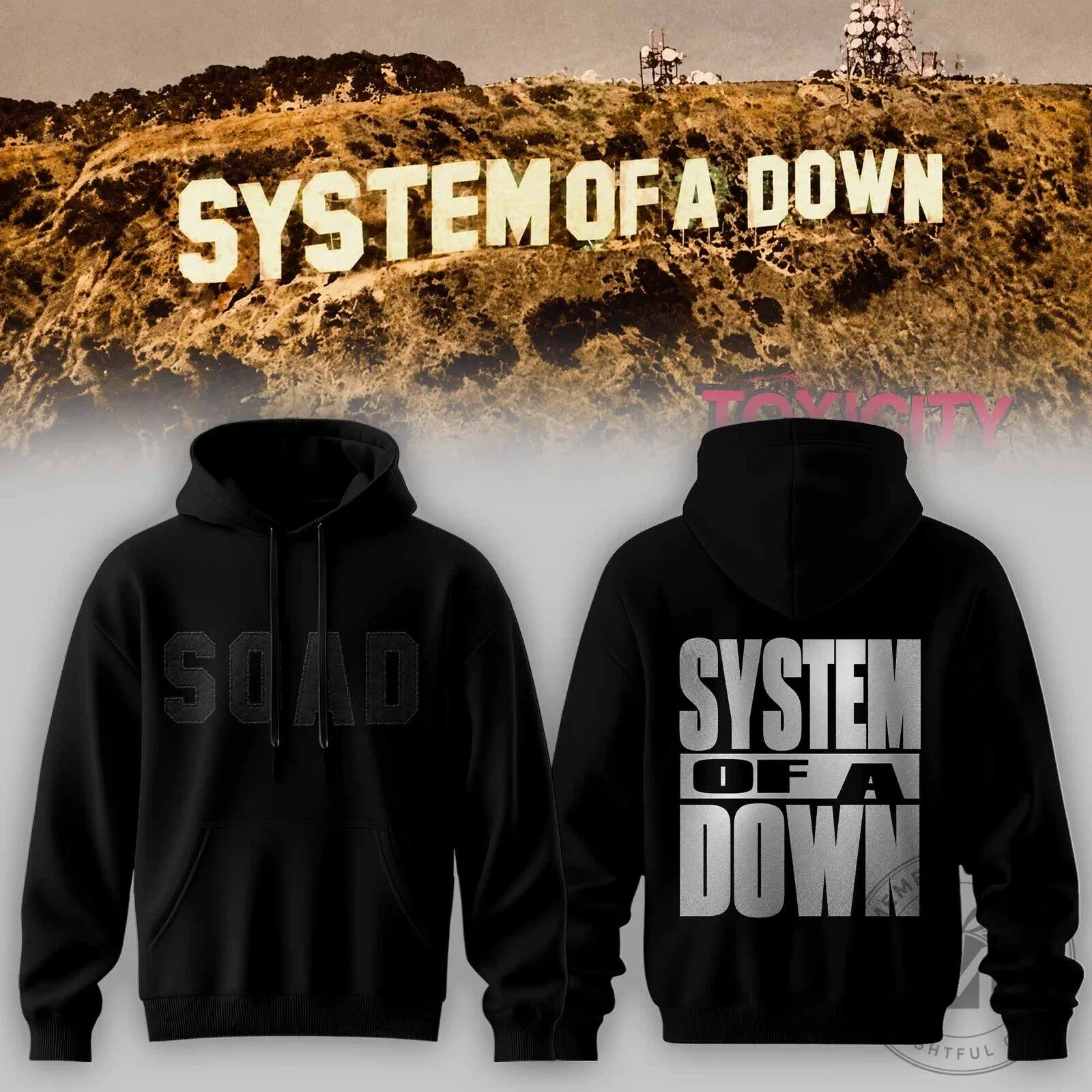 Pullover Hoodie in Black with System of a Down Toxicity Album Cover Artwork