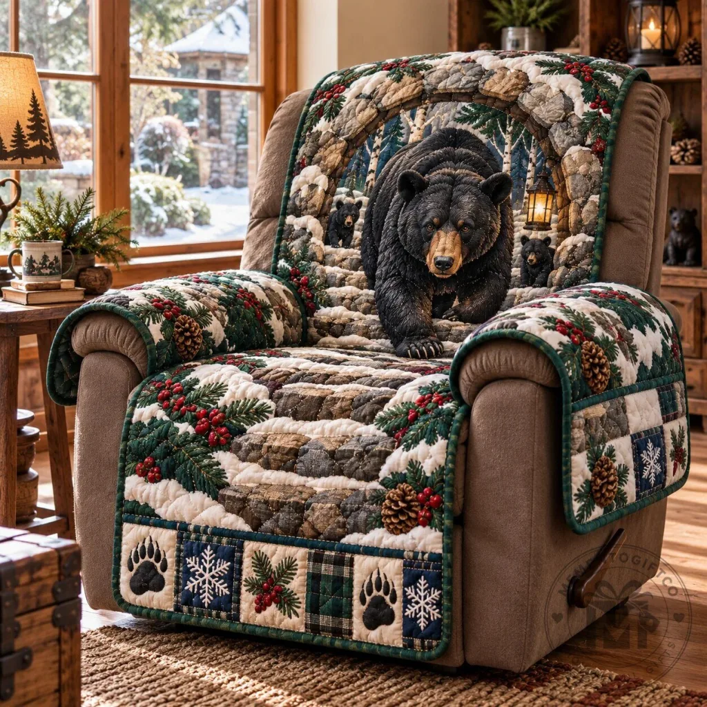 Winter Bear Quilted Recliner Furniture Protector Cover Winter Bear Quilted Recliner Furniture Protector Cover