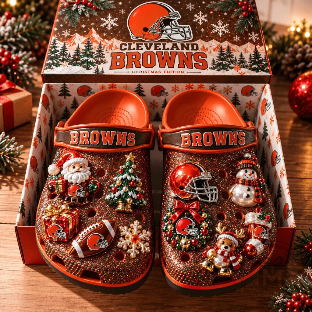 Cleveland Browns Christmas Glitter Charm Clogs Holiday Edition Cleveland Browns Christmas Glitter Charm Clogs Holiday Edition