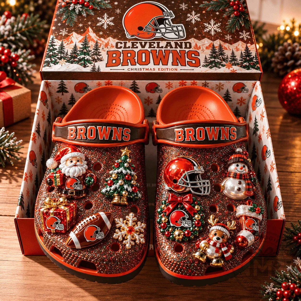 Cleveland Browns Christmas Glitter Charm Clogs Holiday Edition