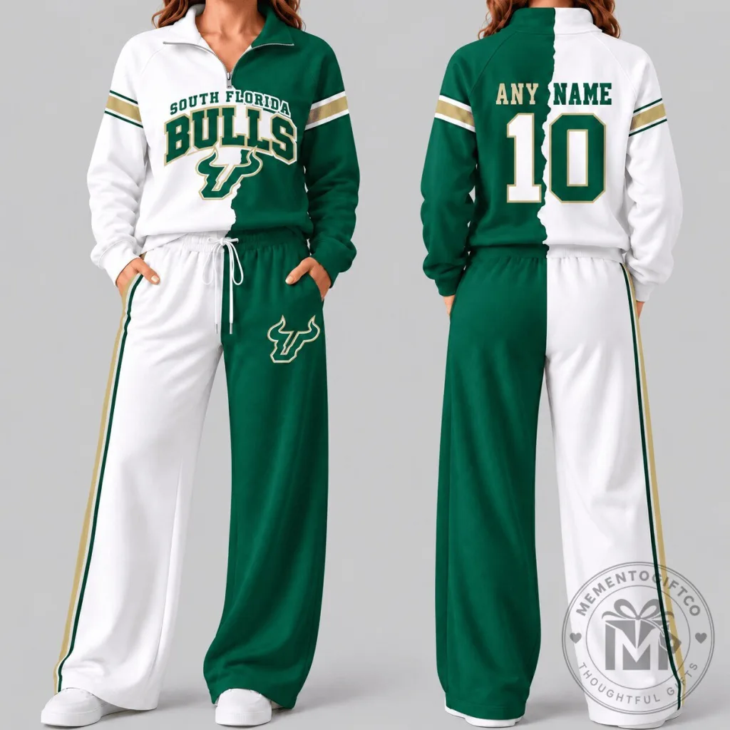 South Florida Bulls NCAA Split Color Quarter Zip Wide Leg Set Tracksuit South Florida Bulls NCAA Split Color Quarter Zip Wide Leg Set Tracksuit
