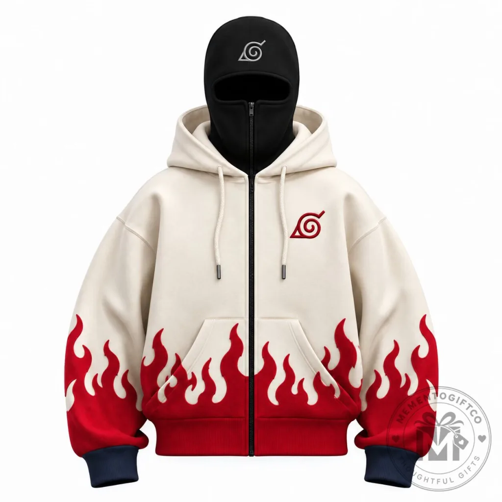 Naruto Uzumaki Minato Namikaze Red Flame Cream Zip-Up Hoodie with Balaclava Naruto Uzumaki Minato Namikaze Red Flame Cream Zip-Up Hoodie with Balaclava
