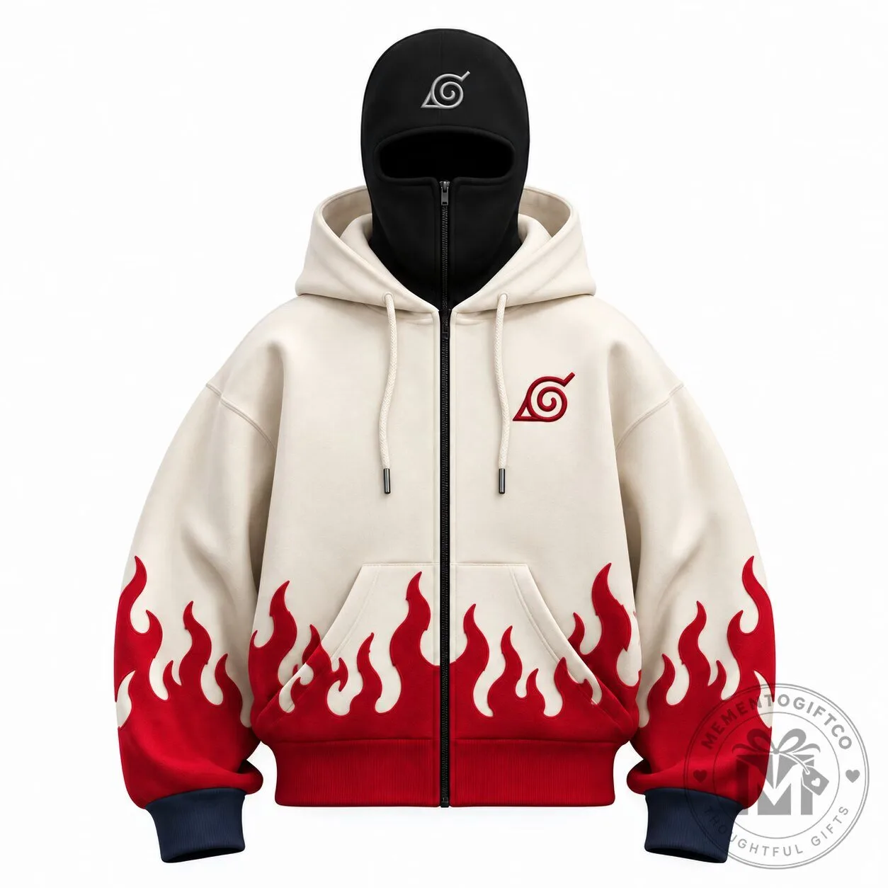 Naruto Uzumaki Minato Namikaze Red Flame Cream Zip-Up Hoodie with Balaclava