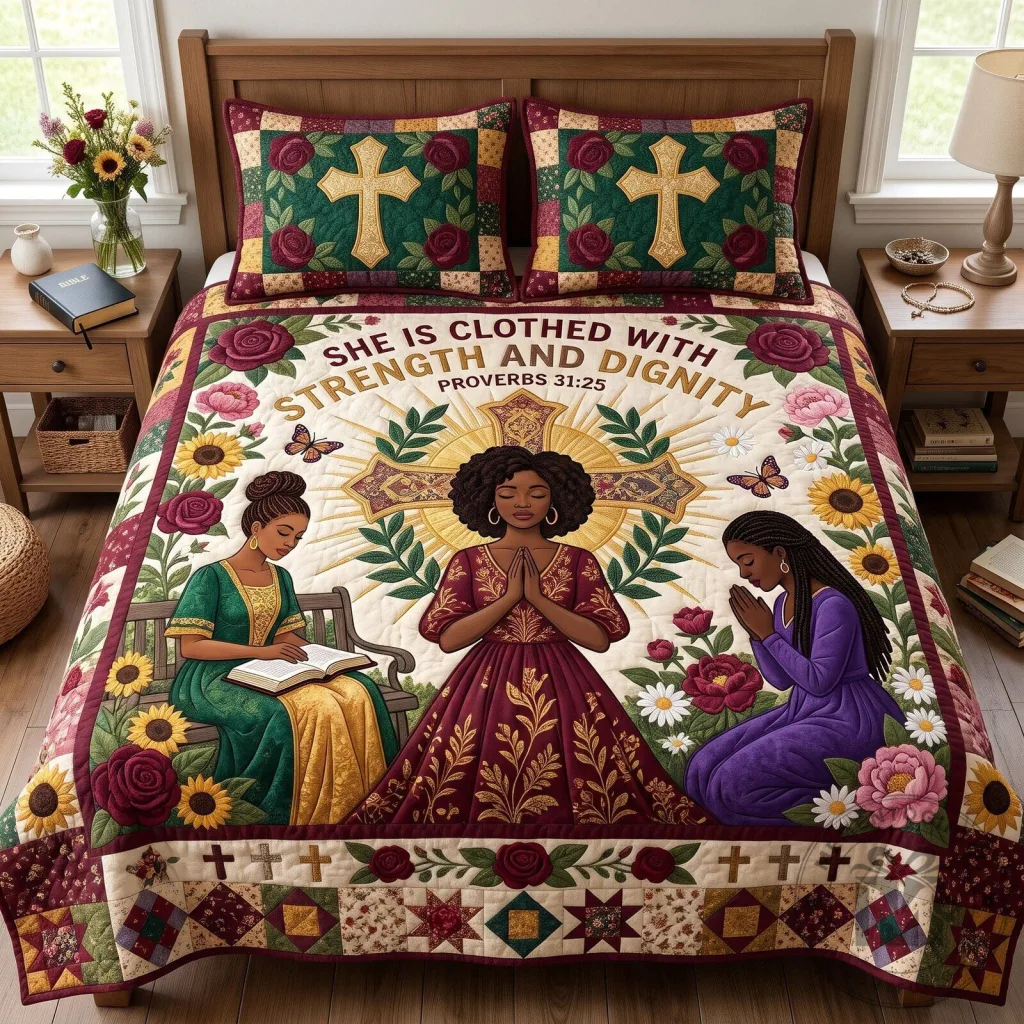 Strength And Dignity Proverbs 3125 Christian Black Woman Quilted Bedding Set Strength And Dignity Proverbs 31:25 Christian Black Woman Quilted Bedding Set