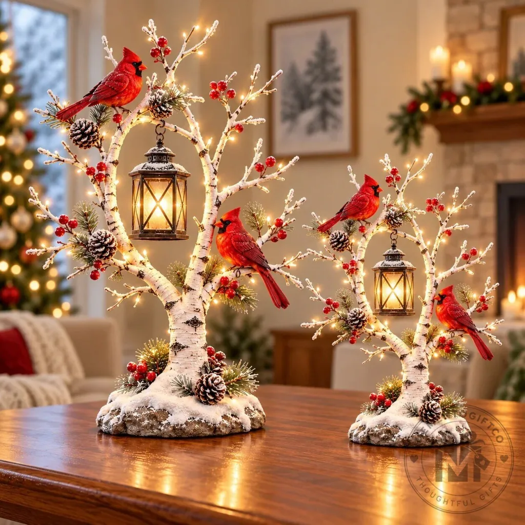 Christmas Cardinal Winter Birch Tree with Lantern and LED Lights Christmas Cardinal Winter Birch Tree with Lantern and LED Lights