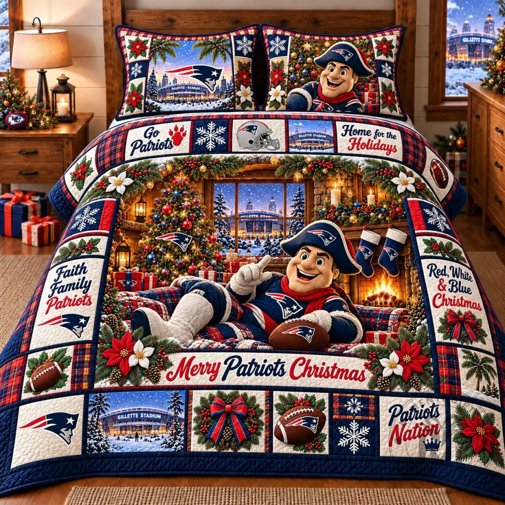 New England Patriots Christmas Holiday Bedding Set with Pat the Patriot Mascot New England Patriots Christmas Holiday Bedding Set with Pat the Patriot Mascot