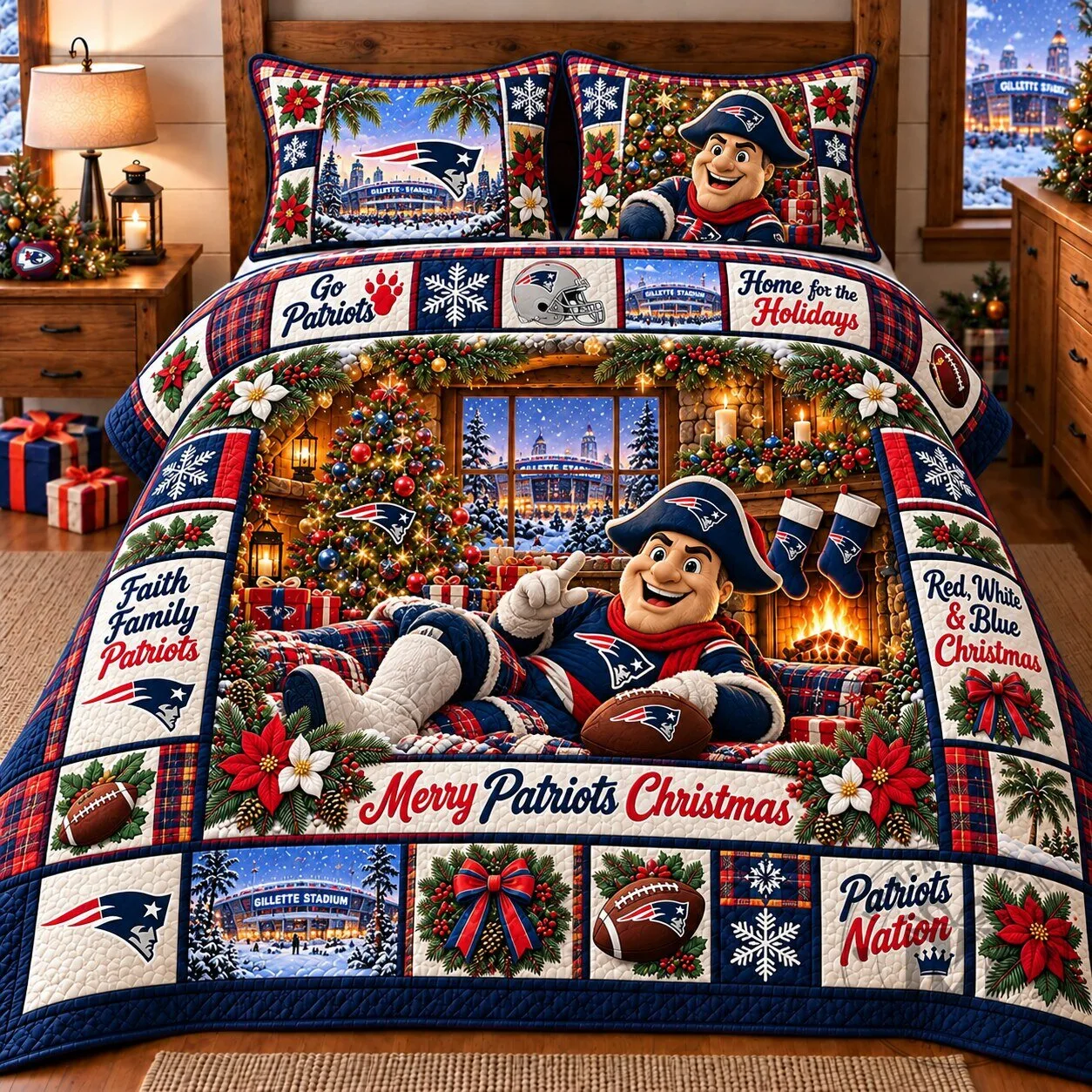 New England Patriots Christmas Holiday Bedding Set with Pat the Patriot Mascot 3 New England Patriots Christmas Holiday Bedding Set with Pat the Patriot Mascot